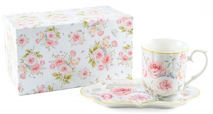 Home Elements Porcelánový hrnček 360 ml s podtáckou, Ruža