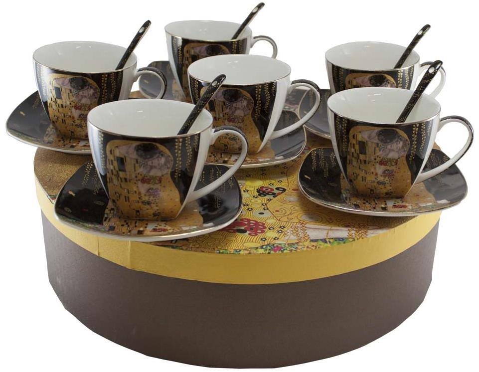 Home Elements Sada 6 ks – šálky 250 ml s podšálkami a lyžičkami, Klimt, Bozk tmavý