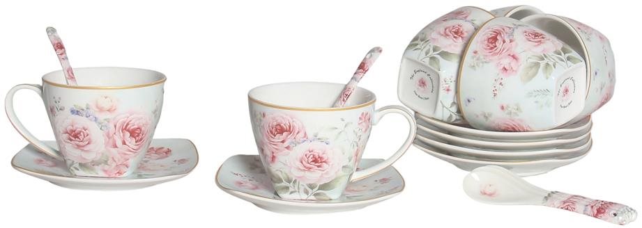 Home Elements Súprava 6 kusov šálok 250 ml s tanierikmi a lyžičkami, Ruže