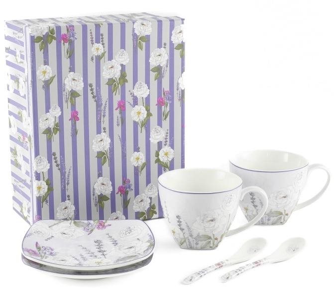 Home Elements Sada dvoch šálok 250 ml, s podšálkami a lyžičkami, Levanduľa