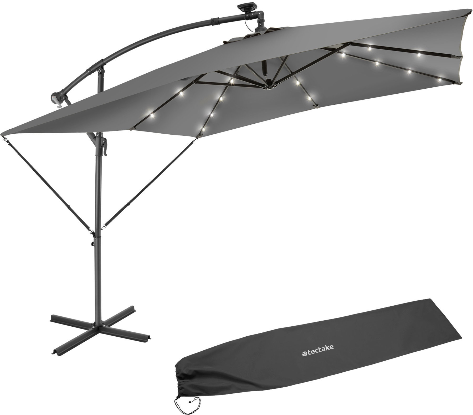 TecTake Slnečník Sunna s LED osvetlením a kľukou 2,5 × 2,5 m sivý