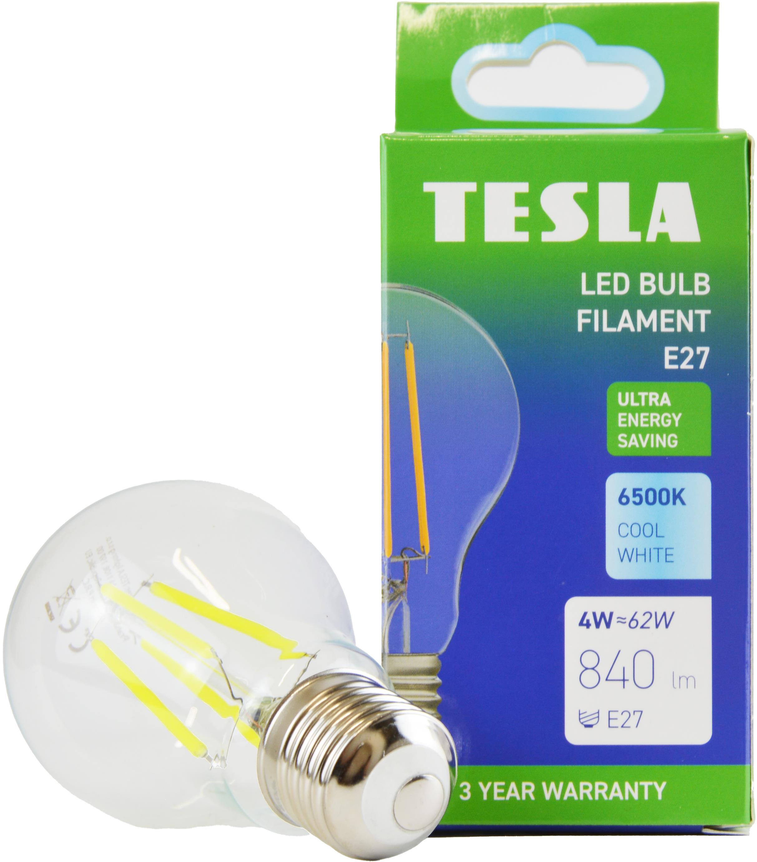 Tesla Filament A class, E27, 4 W, 840 lm, 6500 K studená biela, 360 st, číra, 230 V, 25000 h