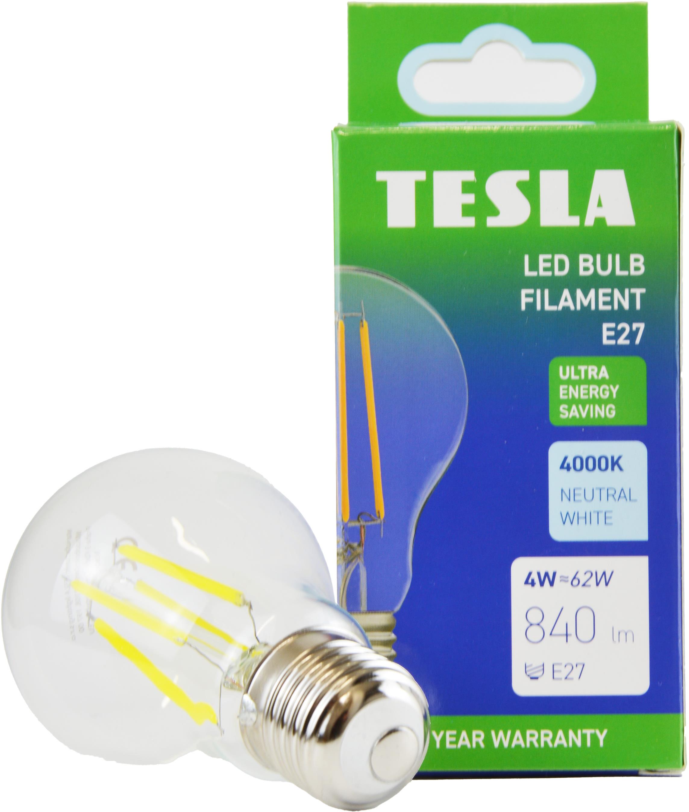 Tesla Filament A class, E27, 4 W, 840 lm, 4000 K denná biela, 360 st, číra, 230 V, 25000 h