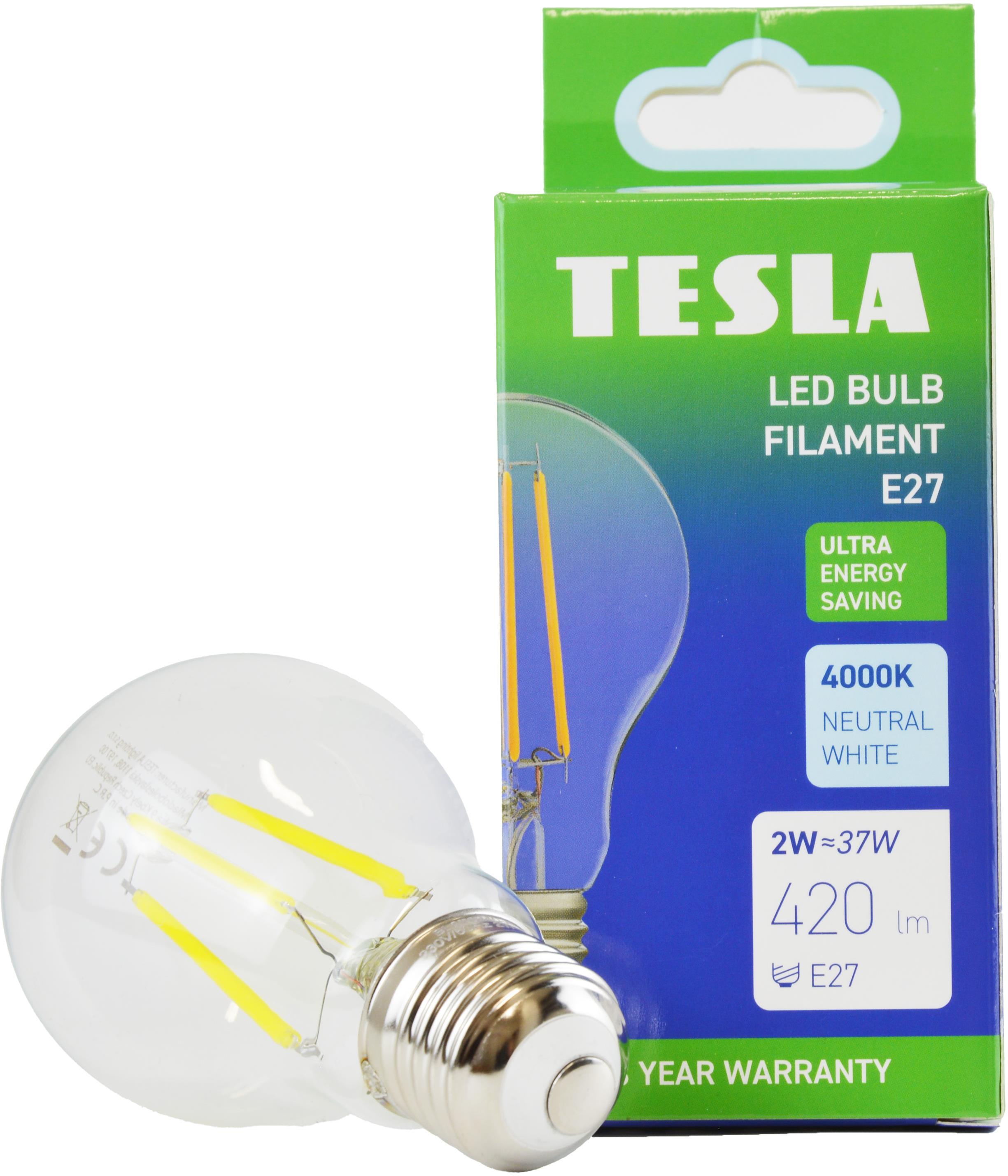 Tesla Filament A class, E27, 2 W, 420 lm, 4000 K denná biela, 360 st, číra, 230 V, 25000 h