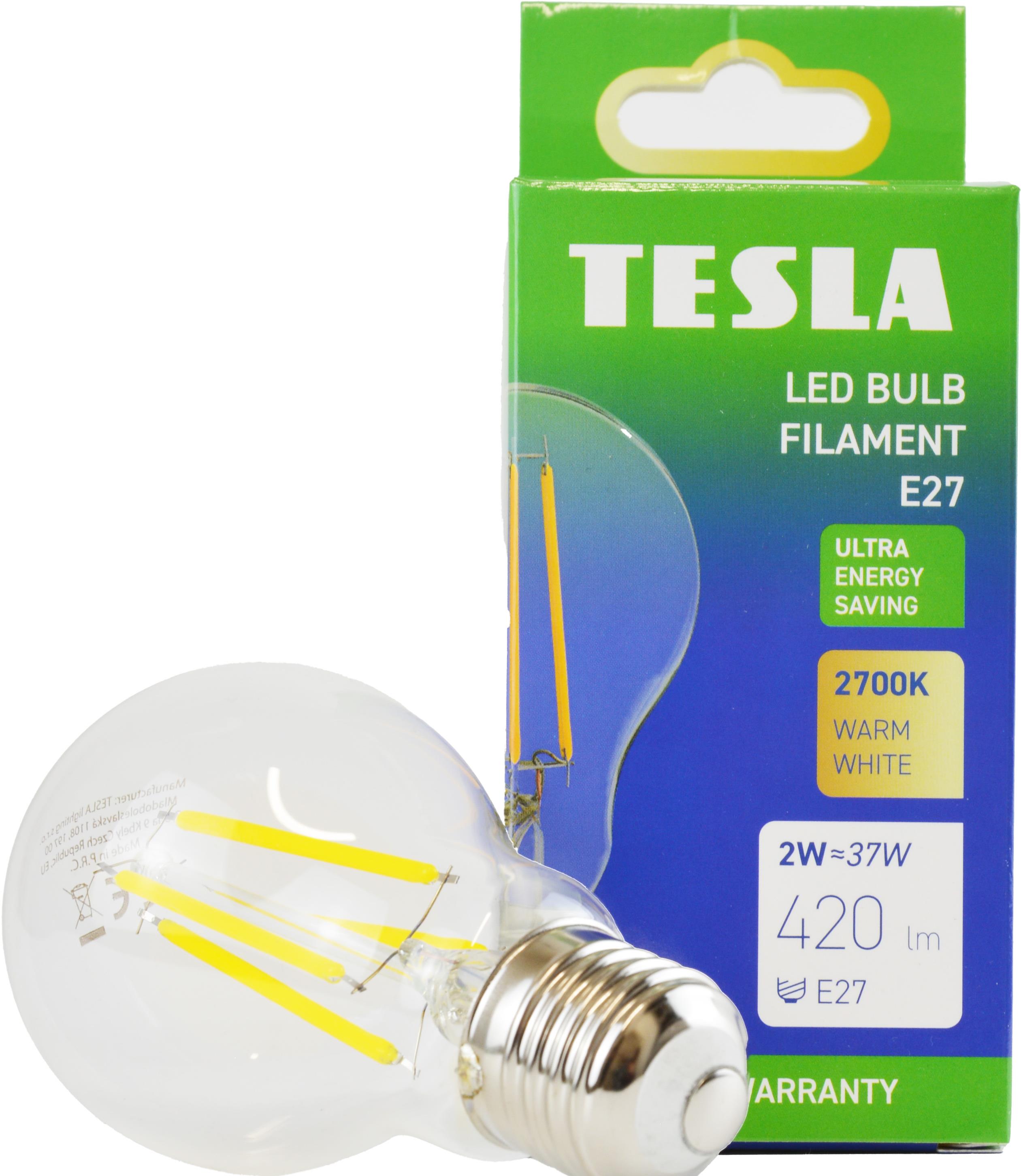 Tesla Filament A class, E27, 2 W, 420 lm, 2700 K teplá biela, 360 st, číra, 230 V, 25000 h
