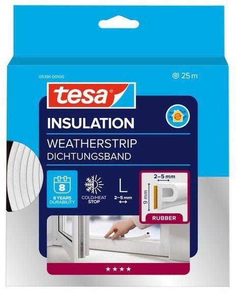 tesa® Izolační samolepicí těsnění – gumové, profil P, 25 m × 9 mm × 5,5 mm, bílé