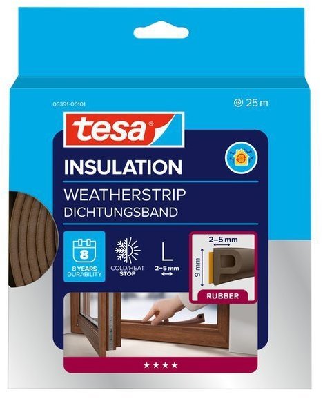 tesa® Izolační samolepicí těsnění – gumové, profil P, 25 m × 9 mm × 5.5 mm, hnědé