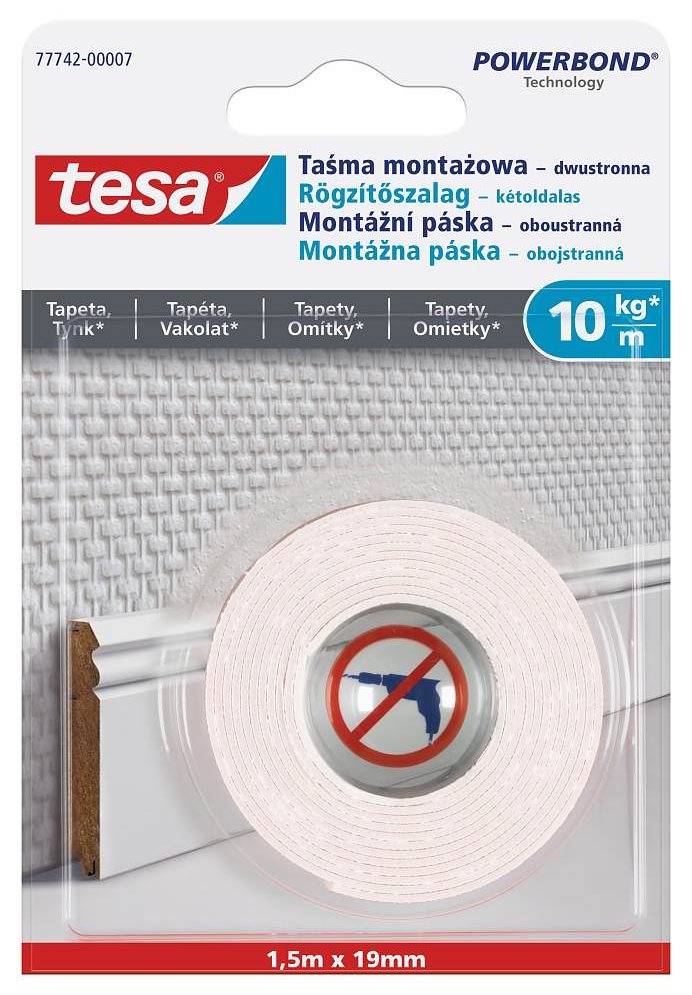 Tesa - Montážna obojstranná páska na tapety a omietku, 10 kg/m