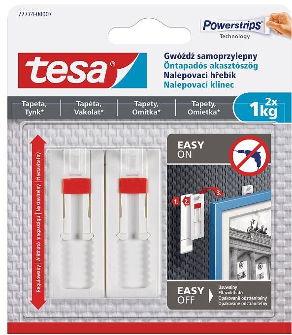 tesa - Nastavovací nalepovací háčik na tapety a omietku, 1 kg