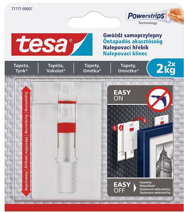 tesa - Nastaviteľný nalepovací háčik na tapety a omietku, 2 kg