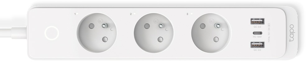 TP-Link Tapo P300, 3× 230 V, 3× USB (2×A, 1xC), WiFi, Homekit, PD/QC fast charge