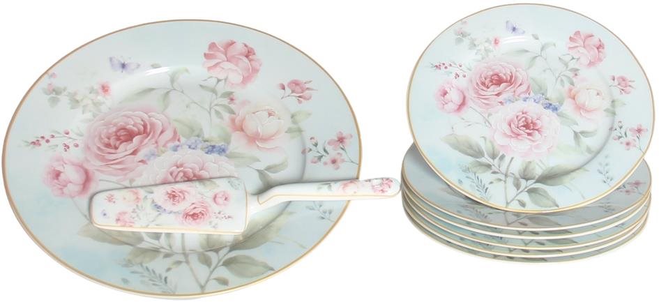 Home Elements Tortová sada: tortový tanier, 6× tanier, tortová lyžica, Ruža
