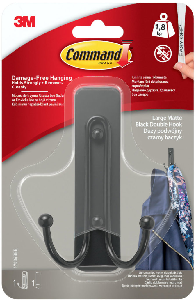3M Command™ Dvojitý háčik vrátane fixačnej pásky, matná čierna, 10,2 × 6 cm, zaťaženie až 1,3 kg