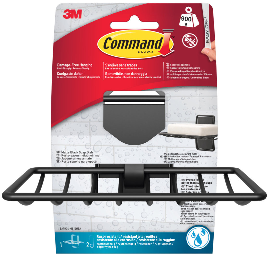 3M Command™ Kúpeľňová mydlovnička vrátane dvoch fixačných pások, matná čierna, 9,5 × 8,8 cm