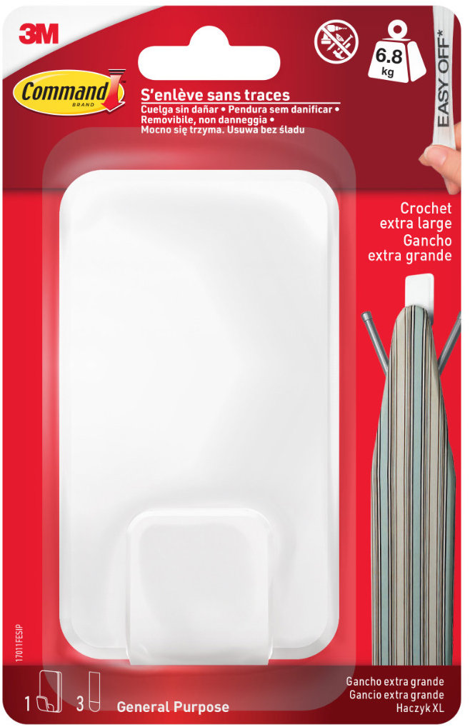 3M Command™ Veľký háčik s tromi fixačnými pásikmi, biely, zaťaženie až 6,8 kg
