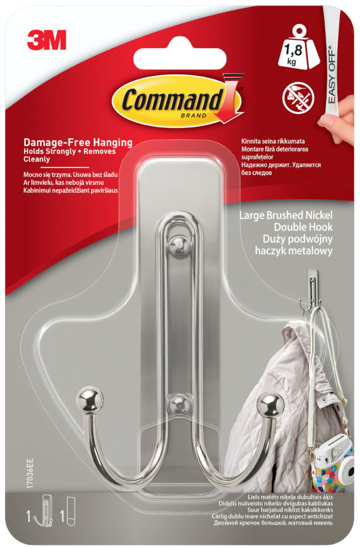 3M Command™ Dvojitý háčik vrátane fixačnej pásky, brúsený nikel, 10,2 × 6 cm, zaťaženie až 1,3 kg