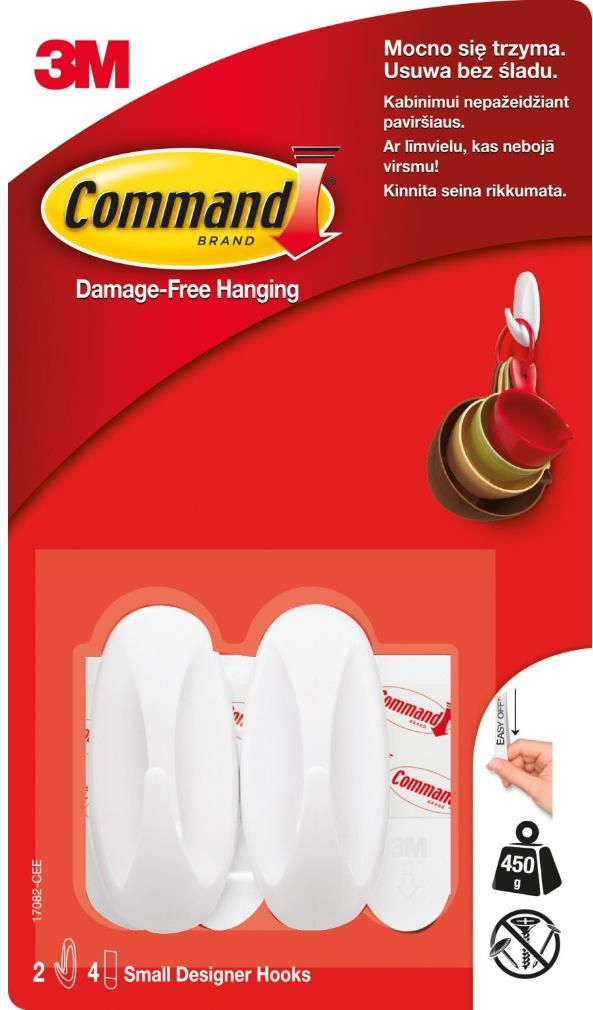 3M Command™, biele samolepiace plastové háčiky, malé prevedenie, nosnosť 450 g, 2 ks