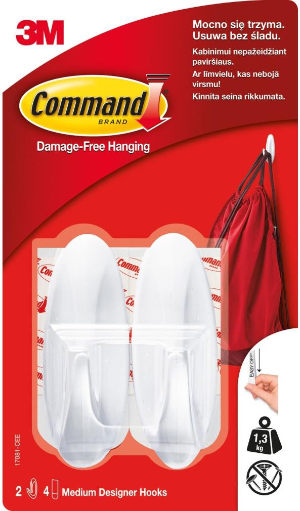 3M Command™, biele samolepiace plastové háčiky, stredné prevedenie, nosnosť 1 300 g, 2 ks