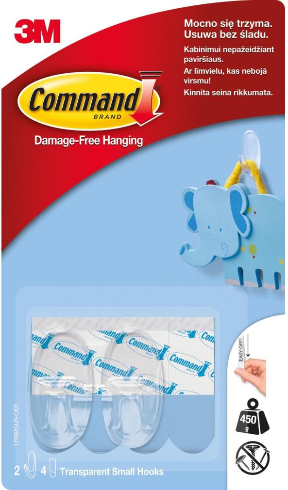 3M Command™, číre samolepiace plastové háčiky, malé prevedenie, nosnosť 450 g, 2 ks