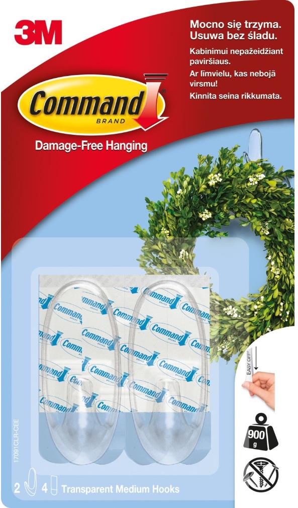 3M Command™ číre samolepiace plastové háčiky, stredné vyhotovenie, nosnosť 900 g, 2 ks