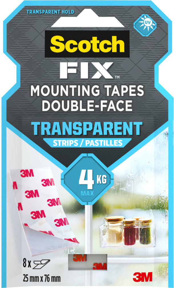 3M™ Scotch-Fix™ obojstranné montážne prúžky transparentné, 25 mm × 76 mm, 8 ks