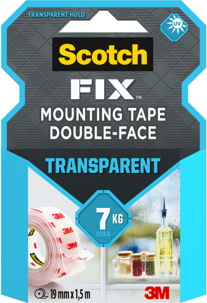 3M™ Scotch® obojstranná montážna páska do interiéru, transparentná, 19 mm × 1,5 m