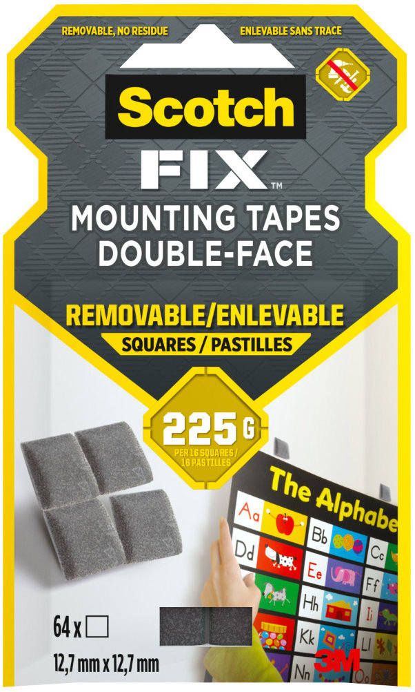 3M Scotch-Fi×™ snímateľné montážne štvorčeky 12,7 mm × 12,7 mm, 64 ks