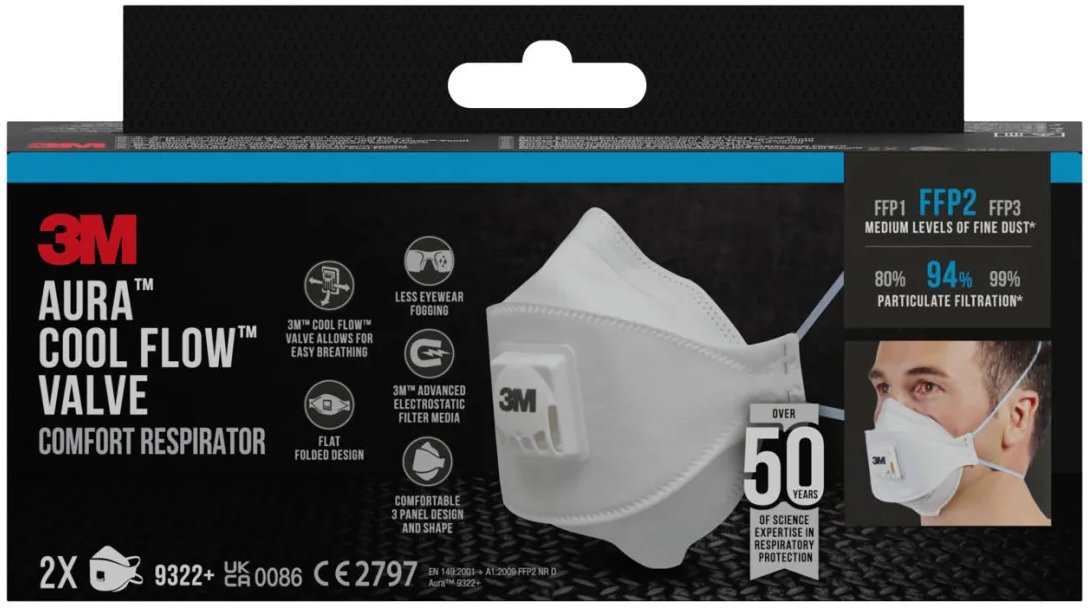 3M Aura Respirátor proti časticiam 9322-2, s ventilom FFP2, 2 kusy