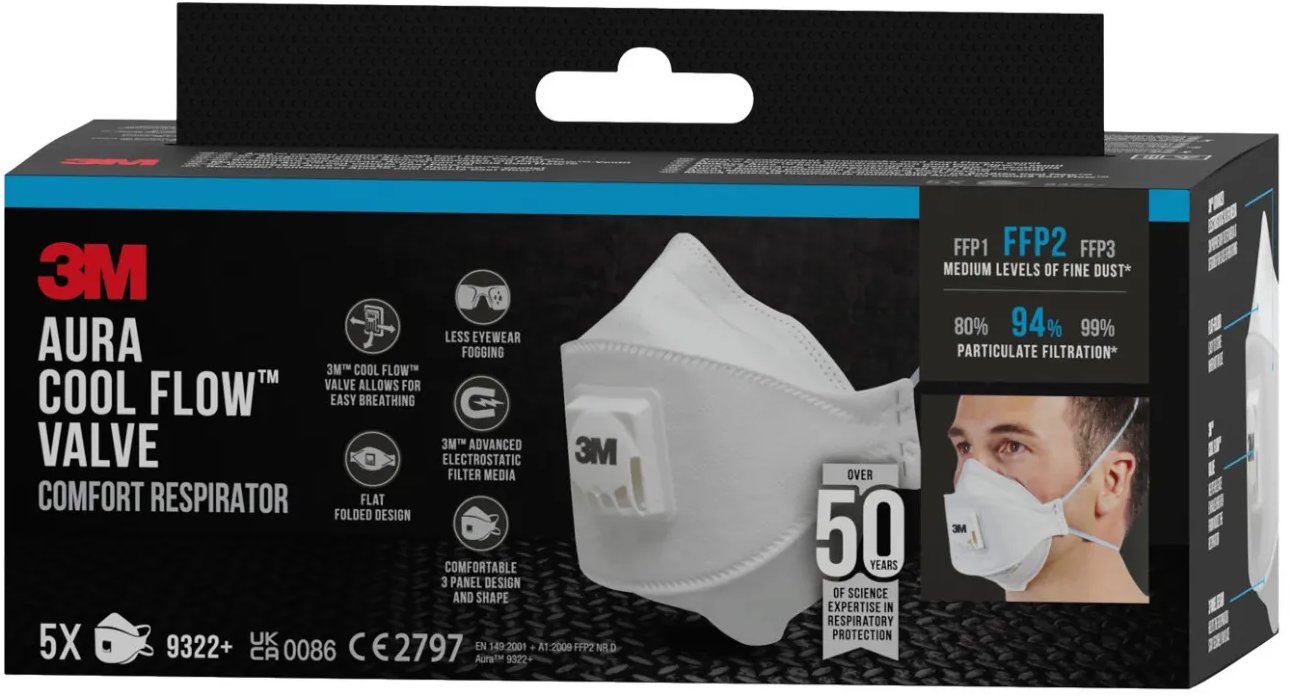 3M Aura Respirátor proti časticiam 9322-5, s ventilom FFP2, 5 kusov