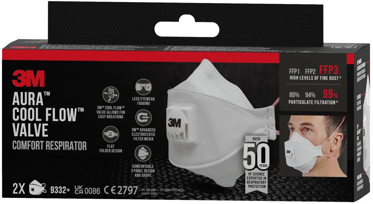 3M Aura Respirátor proti částicím 9332-2, s ventilem FFP3, 2 kusy