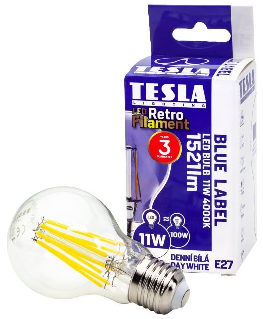 Tesla FILAMENT RETRO, E27, 11W, 230V, 1521lm, 25 000h, 4000K denná biela, 360st, číra