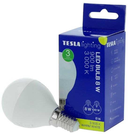 TESLA LED žiarovka miniglobe BULB E14, 8 W, teplá biela