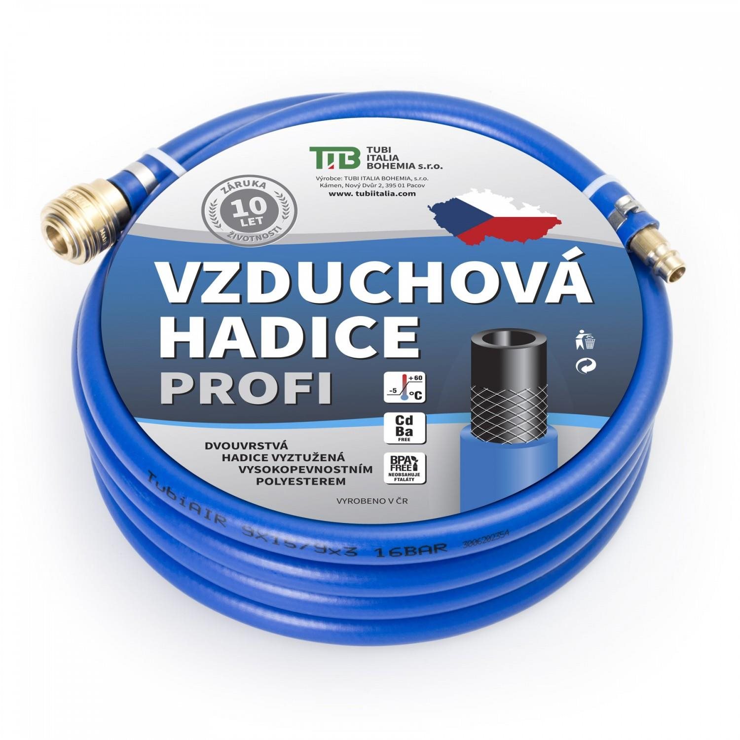 TUBI Vzduchová hadica modrá s koncovkami 13 × 19 mm, 15 m