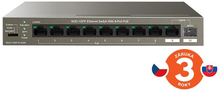 Tenda TEG1110PF-8-102W 9xRJ45 1xSFP Gigabit Switch 8xPoE 802.3af / at, 10 / 100 / 1 000 Mbps, VLAN, SFP, Fanless