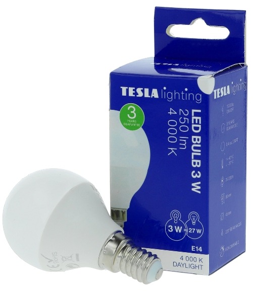 TESLA LED MINIGLOBE BULB, E14, 3 W, 250 lm, 4000 K denná biela