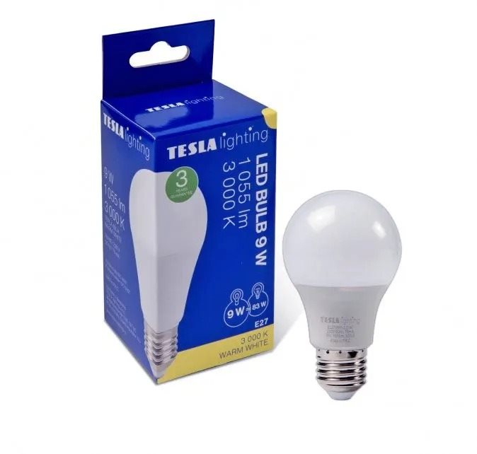 Tesla – LED žiarovka BULB E27, 9 W, 230 V, 1 055 lm, 25 000 h, 3 000 K teplá biela, 220st