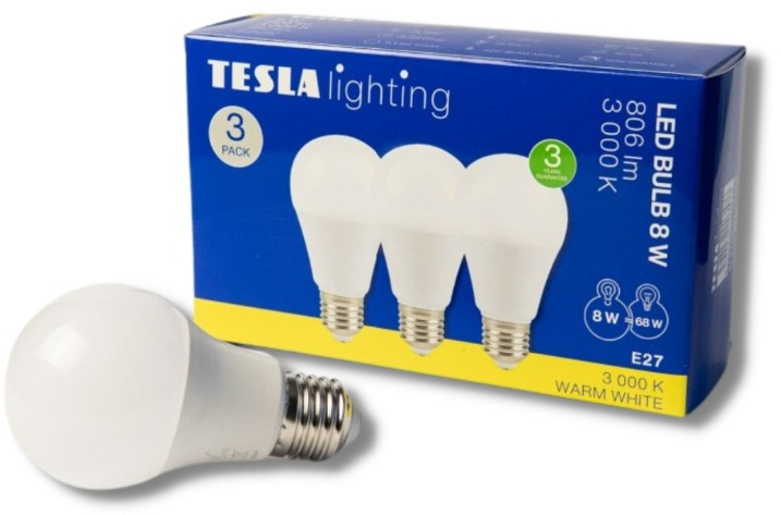 Tesla – LED žiarovka BULB E27, 8 W, 230 V, 806 lm, 25 000 h, 3 000 K teplá biela, 220st 3ks v balení