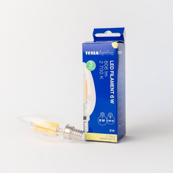 Tesla – LED žiarovka FILAMENT RETRO sviečka E14, 6 W, 230 V, 806 lm, 25 000 h, 2 700 K teplá biela,360st,čirá