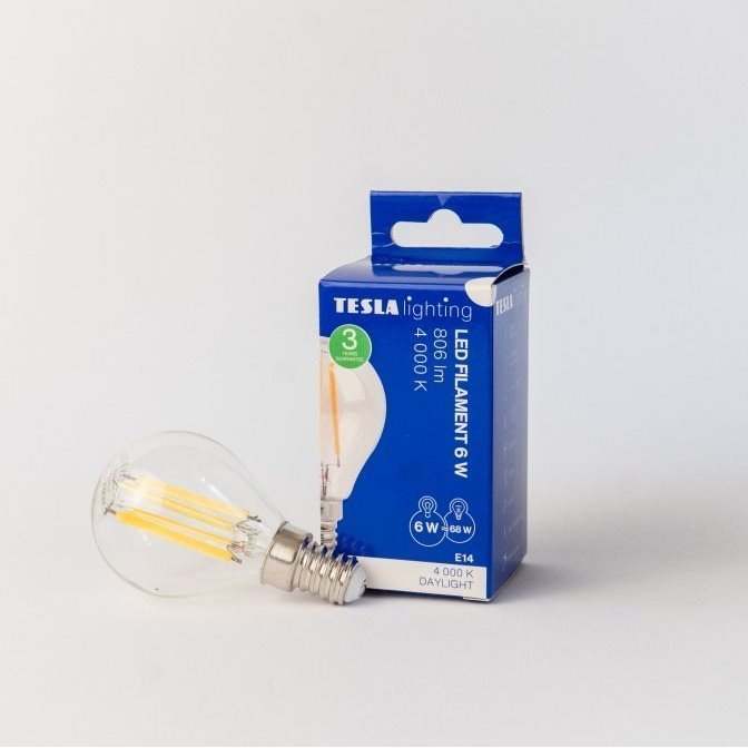 Tesla – LED žiarovka miniglobe FILAMENT RETRO E14, 6 W, 230 V, 806 lm, 25000 h, 4000 K denná biela, 360 st, číra