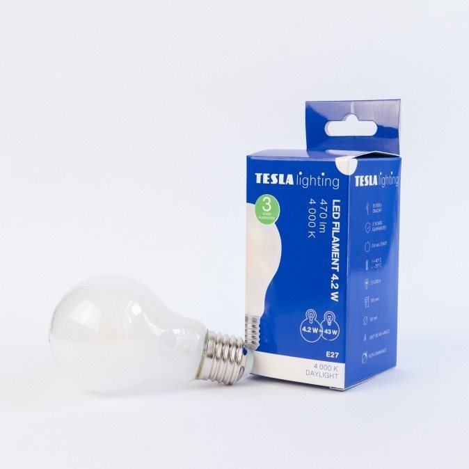 Tesla – LED žiarovka FILAMENT RETRO BULB, E27, 4,2 W, 230 V, 470 lm, 25000 h, 4000 K denná biela, 360 st