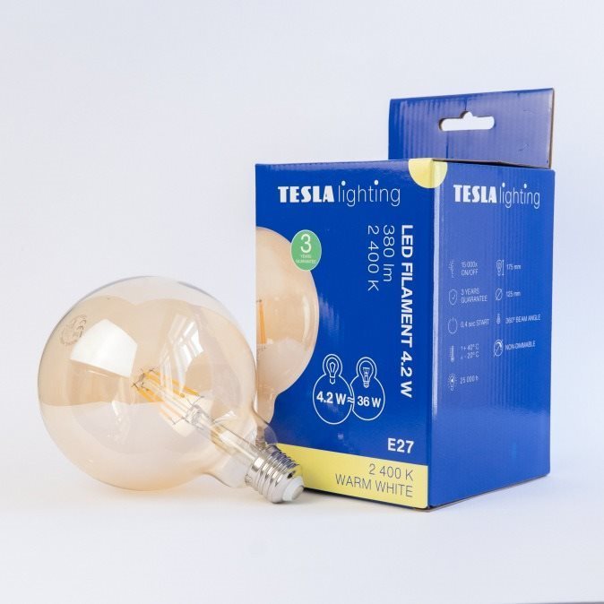 Tesla – LED žiarovka GLOBE G125 VINTAGE, E27, 4,2 W, 230 V, 380 lm, 2400 K, 360 st, zlatá