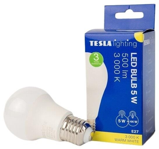 Tesla – LED žiarovka BULB, E27, 5 W, 230 V, 500 lm, 25 000 h, 3 000 K teplá biela, 220st