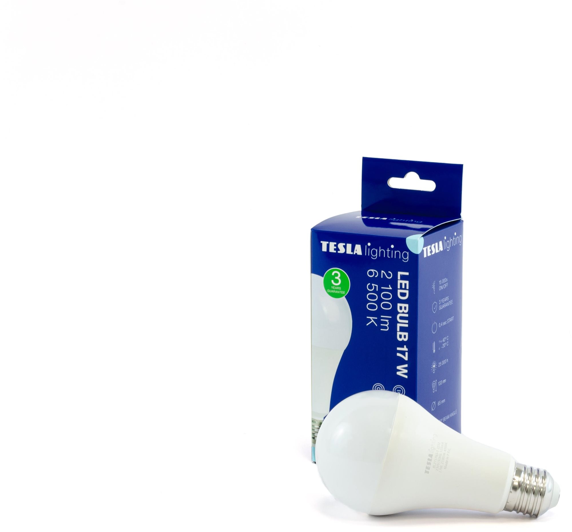 Tesla – LED žiarovka BULB E27, 17 W, 230 V, 2 100 lm, 25 000 h, 6 500 K studená biela 220st