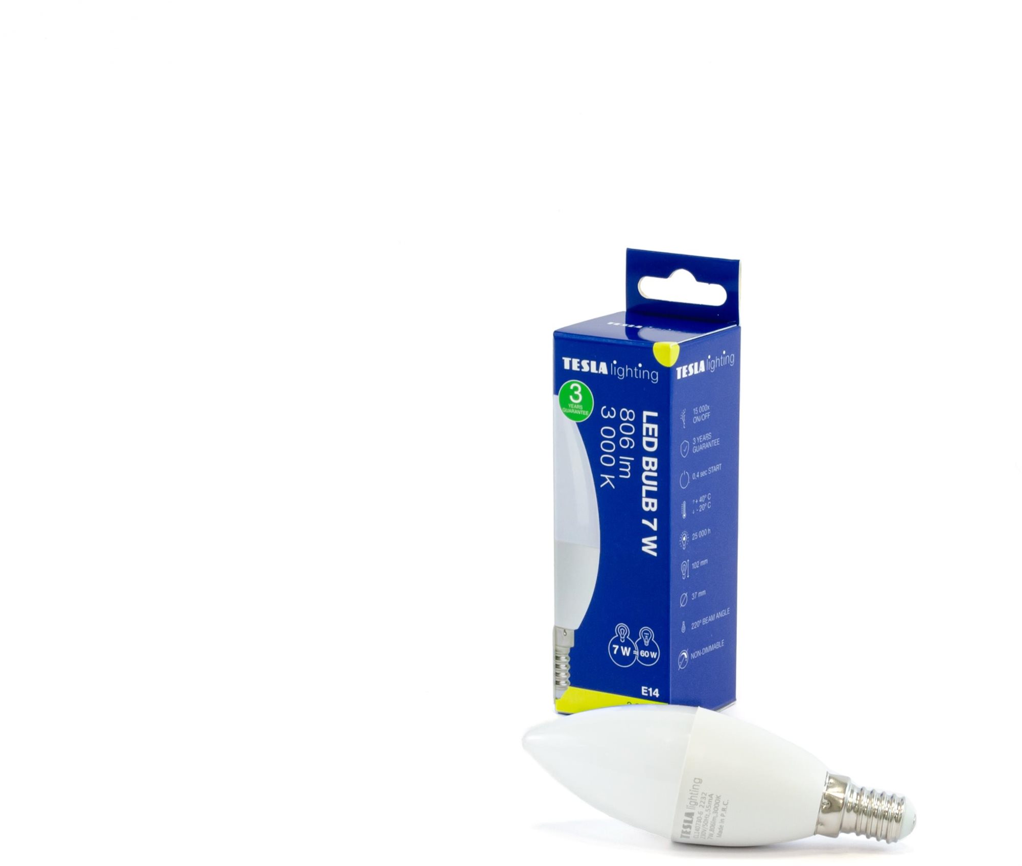 Tesla – LED žiarovka CANDLE sviečka, E14, 7 W, 230 V, 806 lm, 25 000 h, 3 000 K teplá biela, 180st