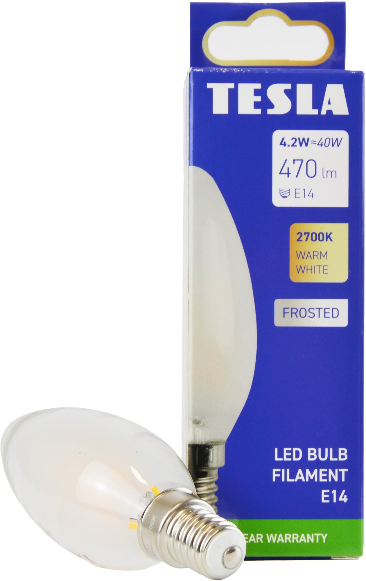 Tesla – LED žiarovka FILAMENT RETRO sviečka E14, 4,2 W, 230 V, 470 lm, 25 000h, 2700 K teplá, 360st, mliečna