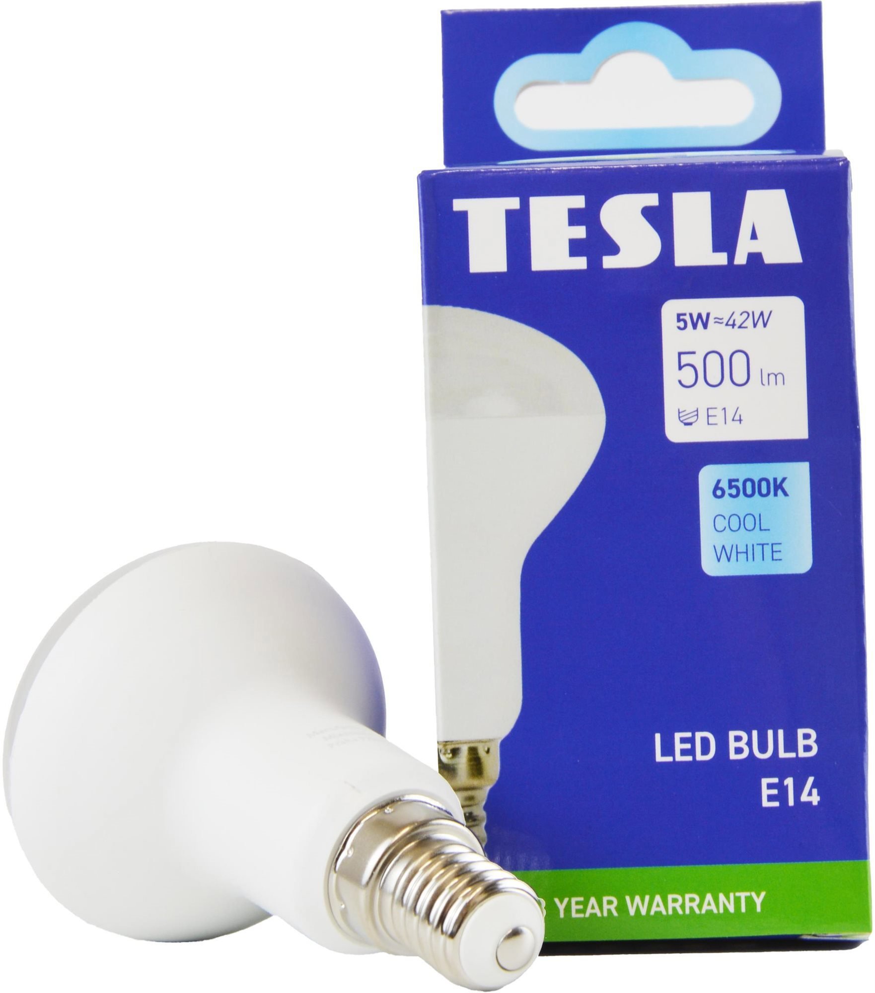 Tesla – LED žiarovka Reflektor R50, E14, 4,8 W, 230 V, 470 lm, 25000 h, 6500 K studená biela, 180st