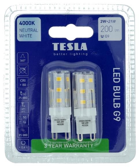Teslá – LED žiarovka G9, 2 W, 230 V, 200 lm, 4 000 K denná biela, 2 ks v balení