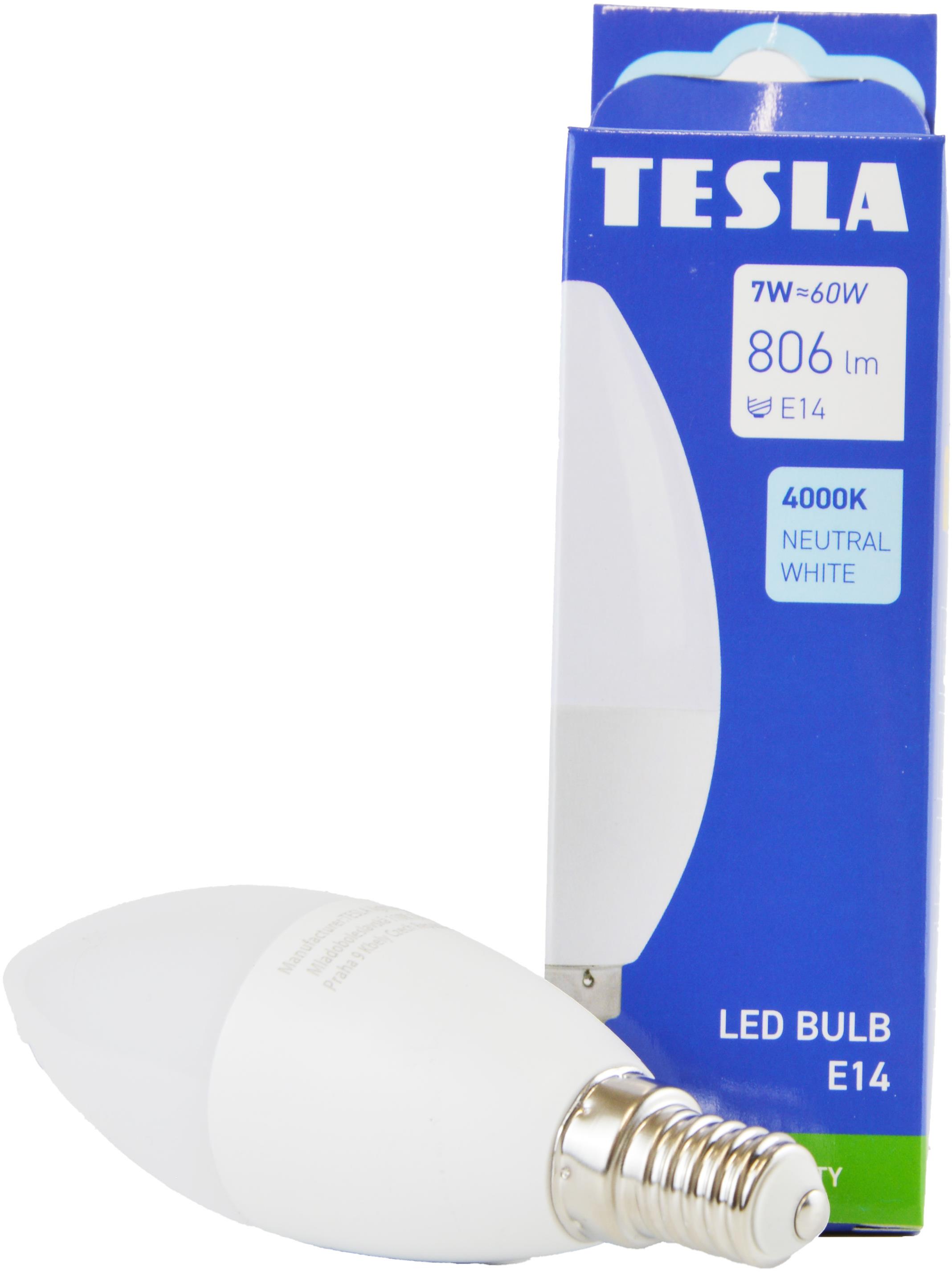 Tesla – LED žiarovka CANDLE sviečka, E14, 7 W, 230 V, 806 lm, 25000 h, 4000K denná biela, 180 st.