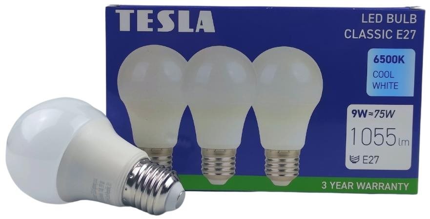 Tesla – LED žiarovka BULB E27, 9 W, 230 V, 1055 lm, 25000 h, 6500 K studená biela, 220 st. 3 ks v balení