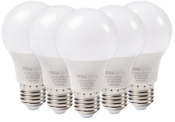Tesla BULB E27, 9W, 230V, 1055lm, 25 000h, 3000K teplá biela, 220 st – balenie 5